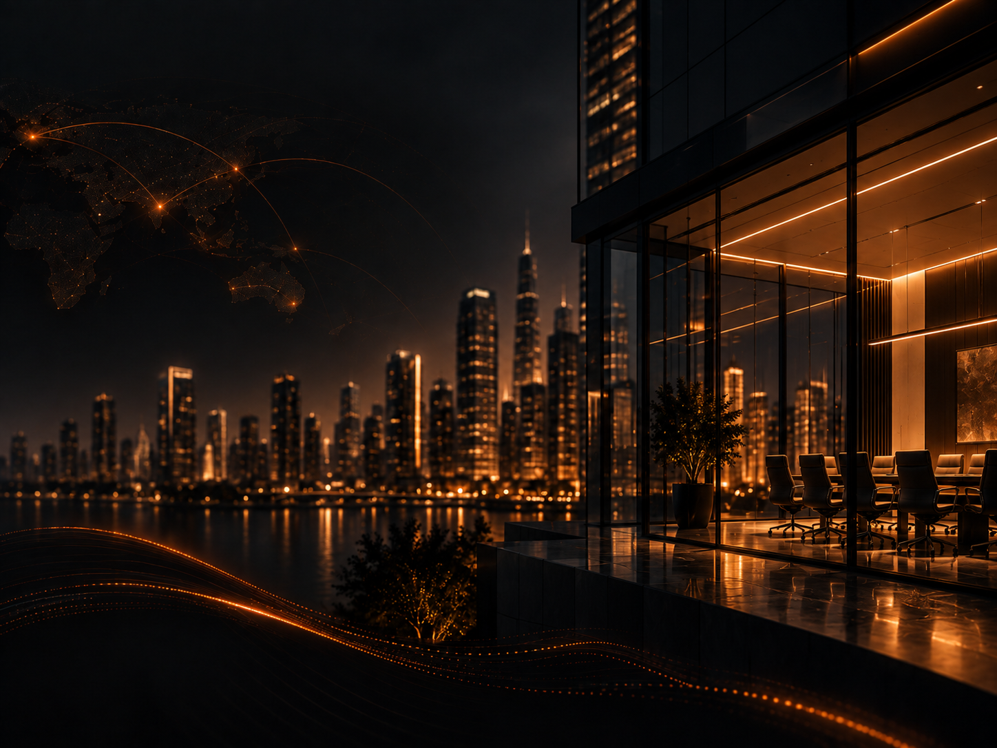 Corporate boardroom overlooking a city skyline