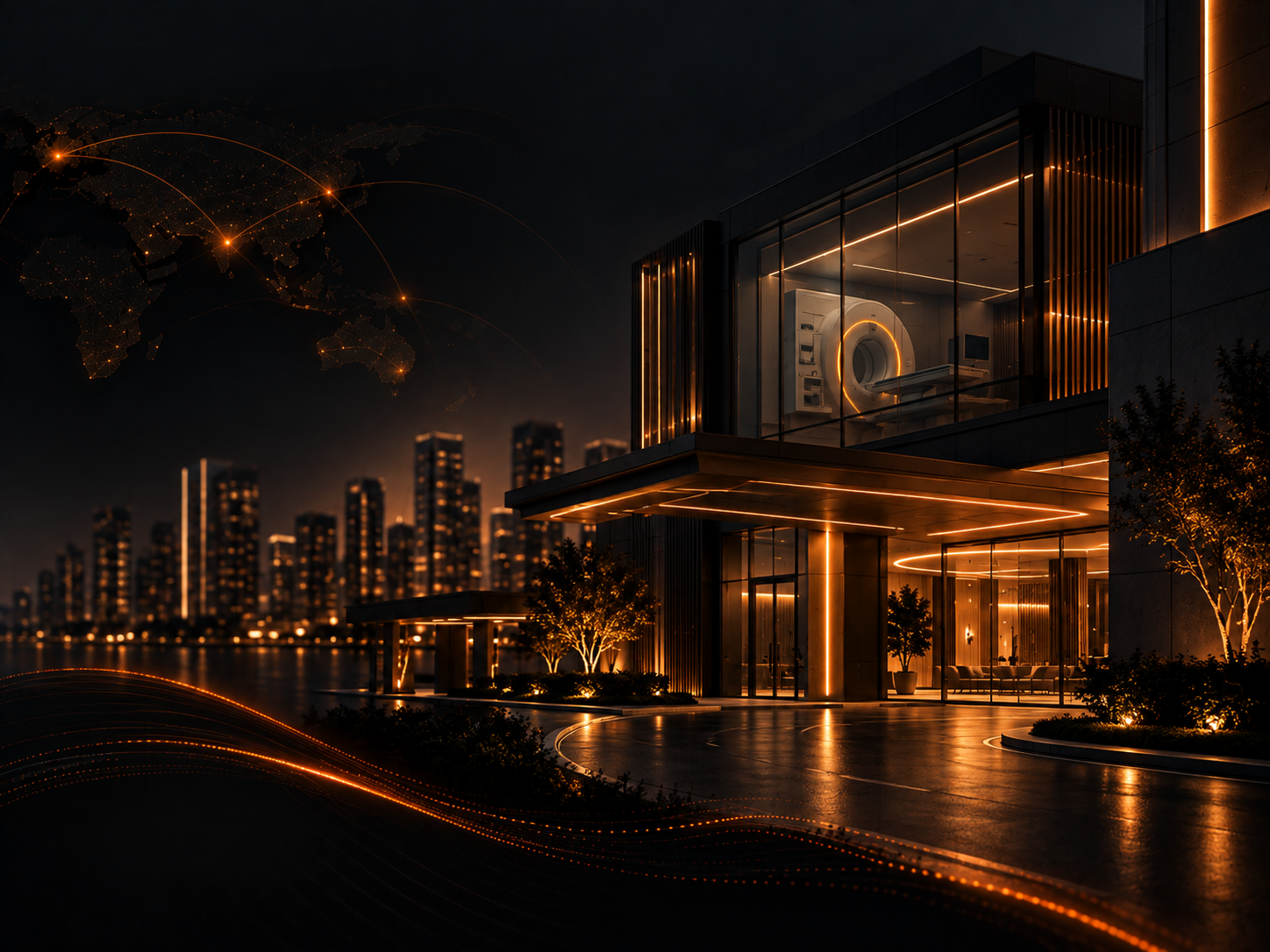 Modern healthcare facility with illuminated architecture